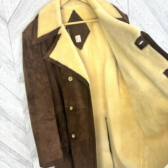 Vintage Mens Sheepskin Shearling Suede Coat Size 40 Brown Marlboro Man Ranch - Picture 7 of 7